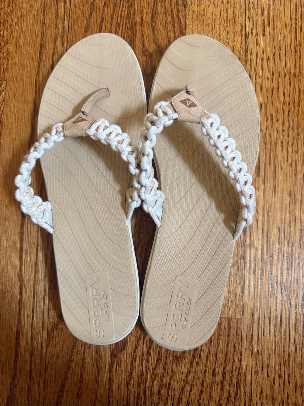 Sperry Women's Tan Footbed Sandals with White Braided Straps